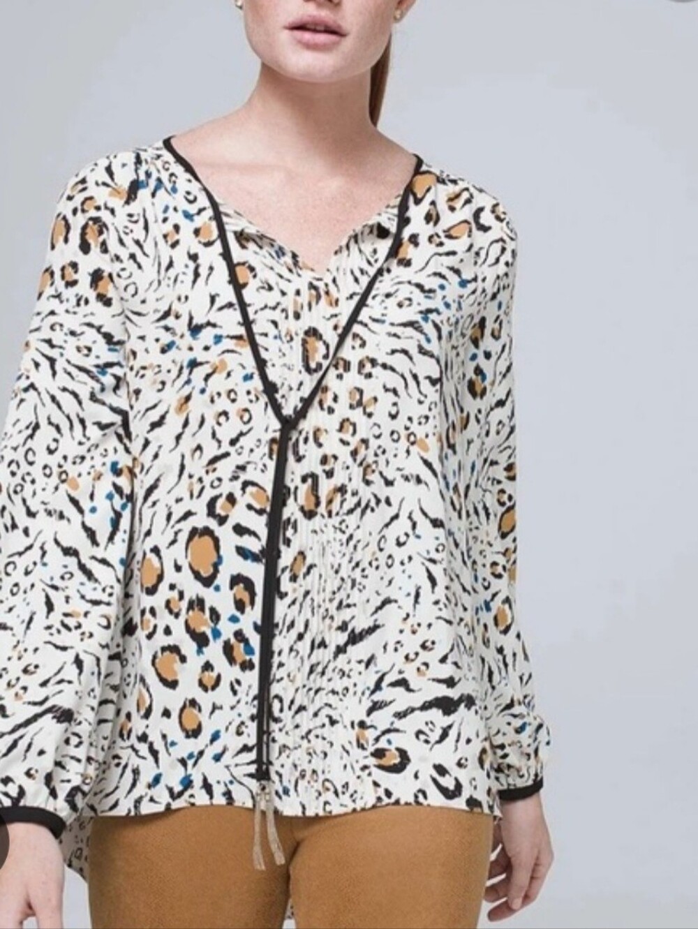 White House Black Market White Animal-Print Long-Sleeve Blouse with Black Trim.